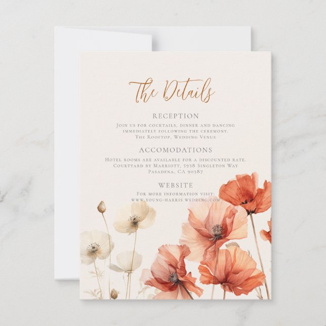Poppies och Wildblommor Närmare Bröllop Anteckningskort (Framsida)