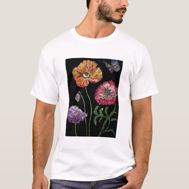 Poppies på färgmålning i svart vattenfärg t shirt (Framsida)