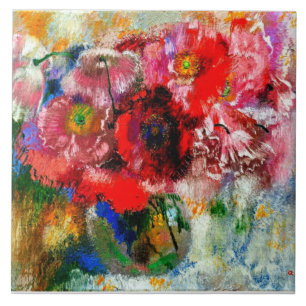 Poppies på Grått-bakgrund, Blommigt-målning Kakelplatta