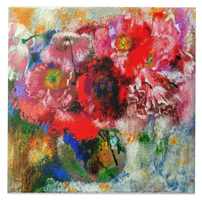 Poppies på Grått-bakgrund, Blommigt-målning Kakelplatta (Framsidan)