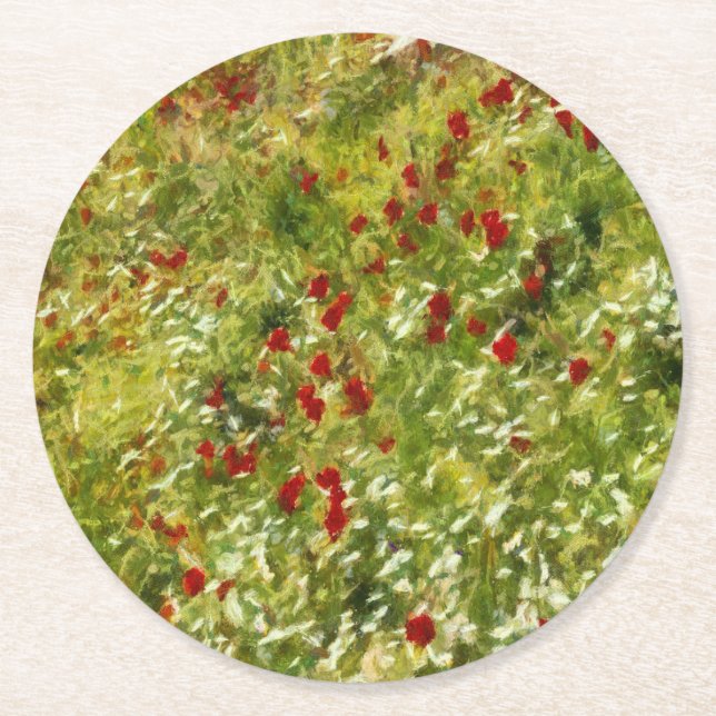 Poppies Pointillism Stil Abstrakt Art Underlägg Papper Rund (Framsidan)