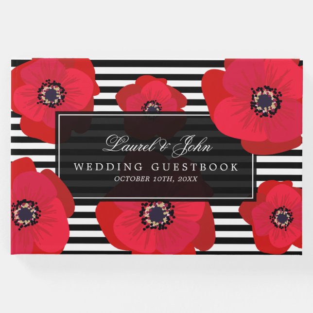 Poppies & Rand - Black & Red Bröllop Gästböcker (Framsida)