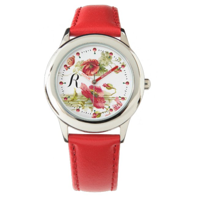 POPPIES Red White Blommigt Monogram Armbandsur (Framsida)
