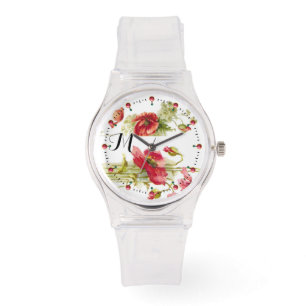 POPPIES Red White Blommigt Monogram Armbandsur