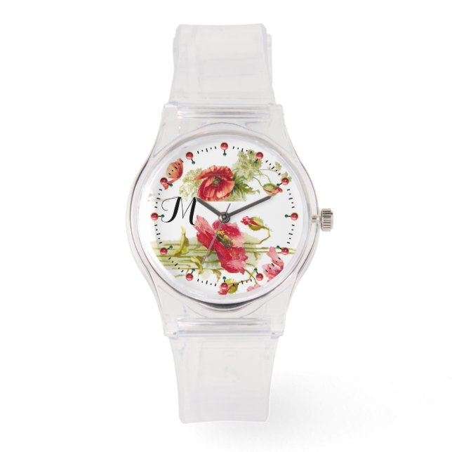POPPIES Red White Blommigt Monogram Armbandsur (Framsida)