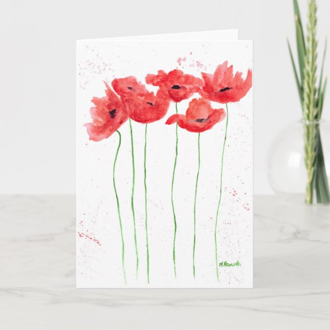 Poppies röda blommor vattenfärgsvallmo kort (Framsida)