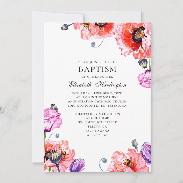 Poppies. Röda trädgårdsblommor. Sommarbaptism i bl Inbjudningar (Framsida)
