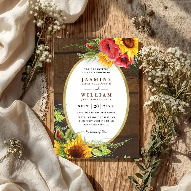 Poppies Sunflowers Rustic Elegant QR Code Wedding Inbjudningar (Skapare uppladdad)