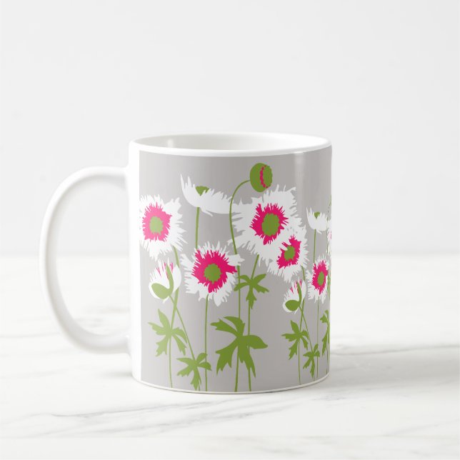Poppies vit,rosa och grått grafik blommigt mugg (Vänster)