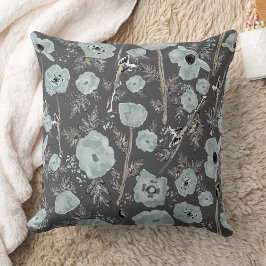 Poppies Watercolor Blommigt Blue Black Flowers Kudde