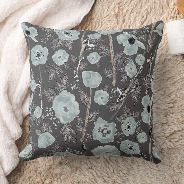 Poppies Watercolor Blommigt Blue Black Flowers Kudde (Poppies Watercolor Floral Blue Black Flowers Throw Pillow from Jenn Steffen for Studio Posies. )