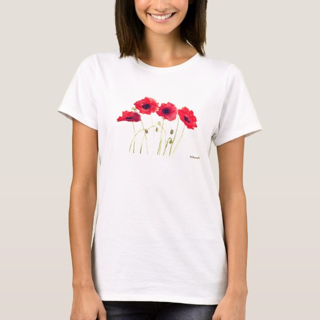 Poppies Watercolor Blommigt Söt Red Poppy T Shirt (Framsida)