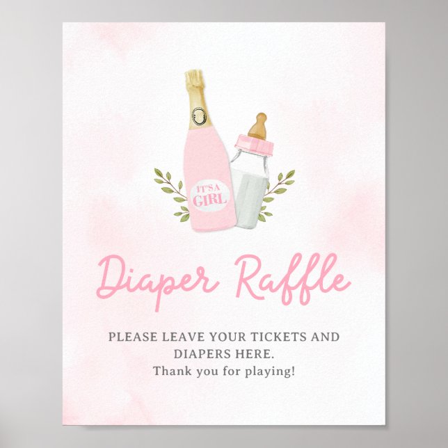 Poppin Flaskor Girl Baby Shower Diaper Raffle Sign Poster (Framsidan)