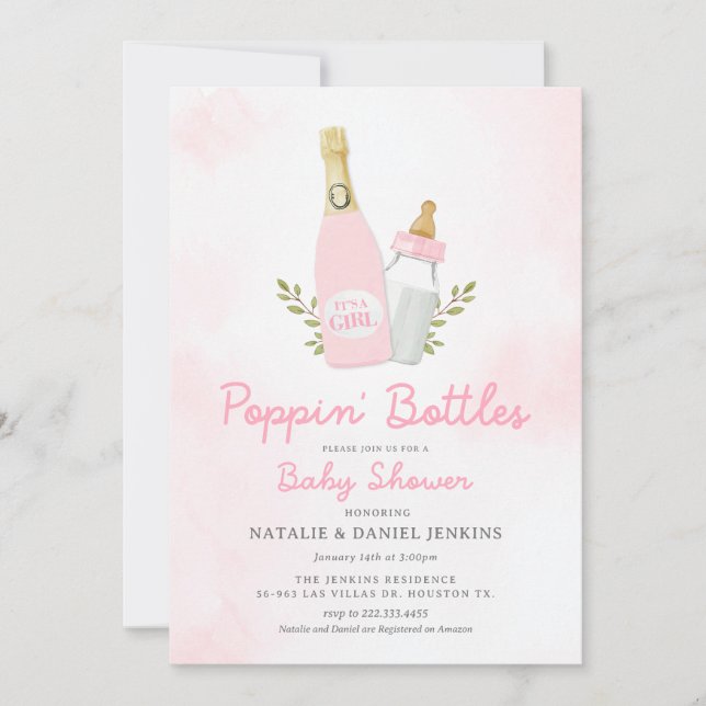 Poppin Flaskor Girl Baby Shower Inbjudningar (Framsida)
