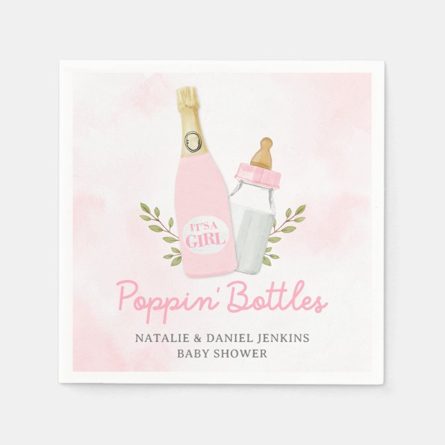 Poppin Flaskor Girl Baby Shower Rosa Papper Pappersservett (Framsidan)
