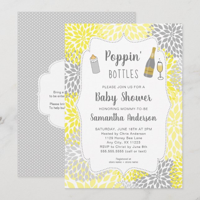Poppin' Flaskor Gult Grått Blommigt Baby Shower Inbjudningar (Fram/baksida)
