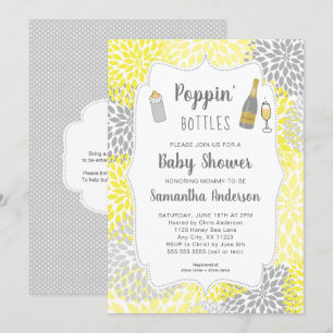 Poppin' Flaskor Gult Grått Blommigt Baby Shower Inbjudningar