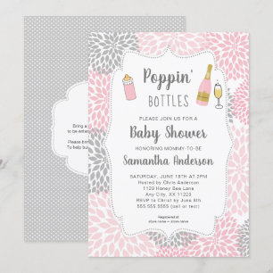 Poppin' Flaskor Rosa Grått Blommigt Baby Shower Inbjudningar