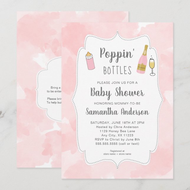 Poppin'Flaskor Rosa Watercolor Baby Shower Inbjudningar (Fram/baksida)