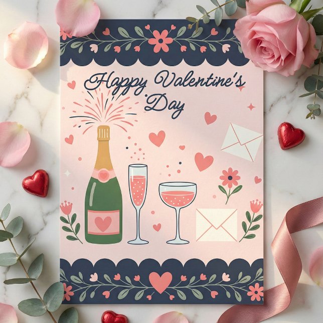 Popping Champagne Bottle & Hearts Valentine's Day Julkort (Skapare uppladdad)