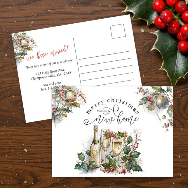 Popping Flasks Jul Flyttar Nytt Hem Vykort (Merry Christmas from New Home postcard with champagne and holly by Darling & May)