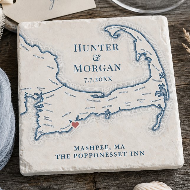 Popponesset Inn Bröllopspresentkart över Cape Cod Stenunderlägg (Popponesset Inn Wedding Favor Cape Cod Map Stone Coaster Gift by Coastal Map Designs.png)
