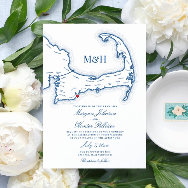 Popponesset Inn Cape Cod Karta Elegant bröllop Inbjudningar (Cape Cod Map Invitation with heart over Popponessett Inn - you can move the heart!)