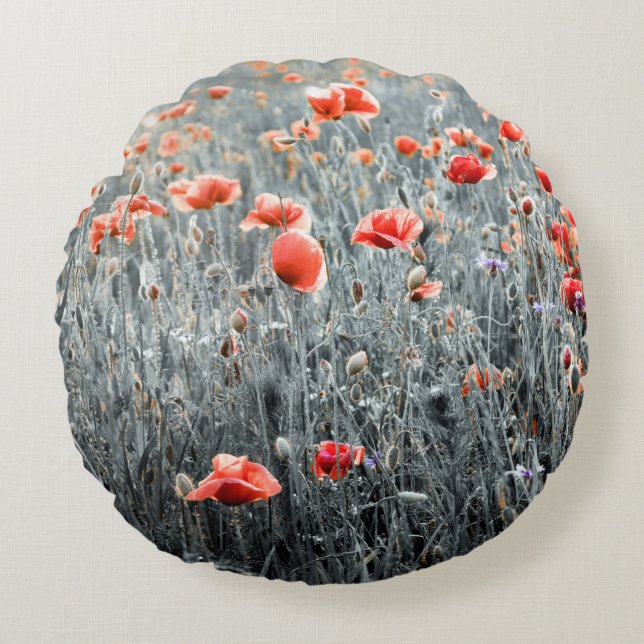 Poppor av vilda blommor rund kudde (Framsidan)
