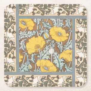Poppy Art Nouveau-illustration Gul Blomma Underlägg Papper Kvadrat