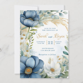 Poppy Blue White Blommigt Boho bröllopsinbjudan Inbjudningar