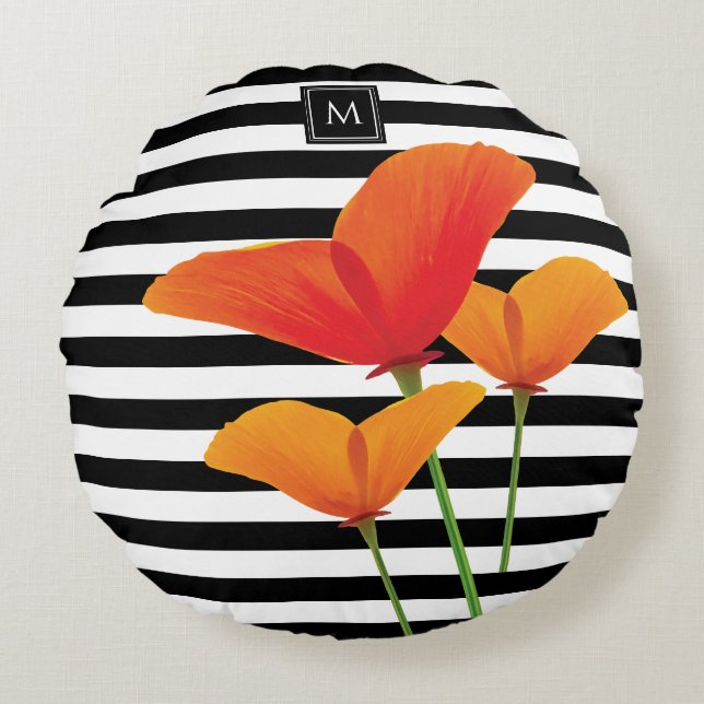 Poppy Chic Black Rand Monogram Rund Kudde (Framsidan)