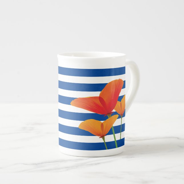 Poppy Chic Blue Rand Monogram Benporslin Mugg (Framsida höger)