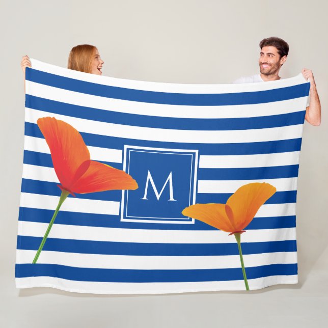 Poppy Chic Blue Rand Monogram Fleecefilt (På plats)