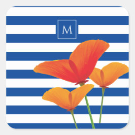 Poppy Chic Blue Rand Monogram Fyrkantigt Klistermärke