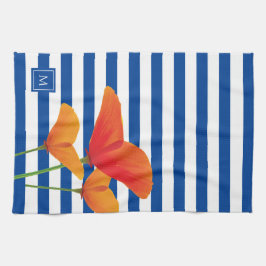 Poppy Chic Blue Rand Monogram Kökshandduk