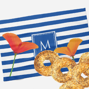 Poppy Chic Blue Rand Monogram Kökshandduk