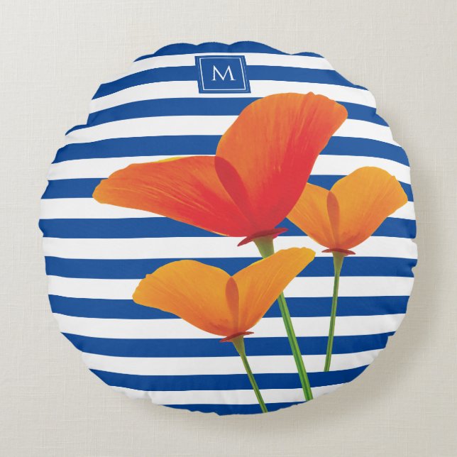 Poppy Chic Blue Rand Monogram Rund Kudde (Framsidan)