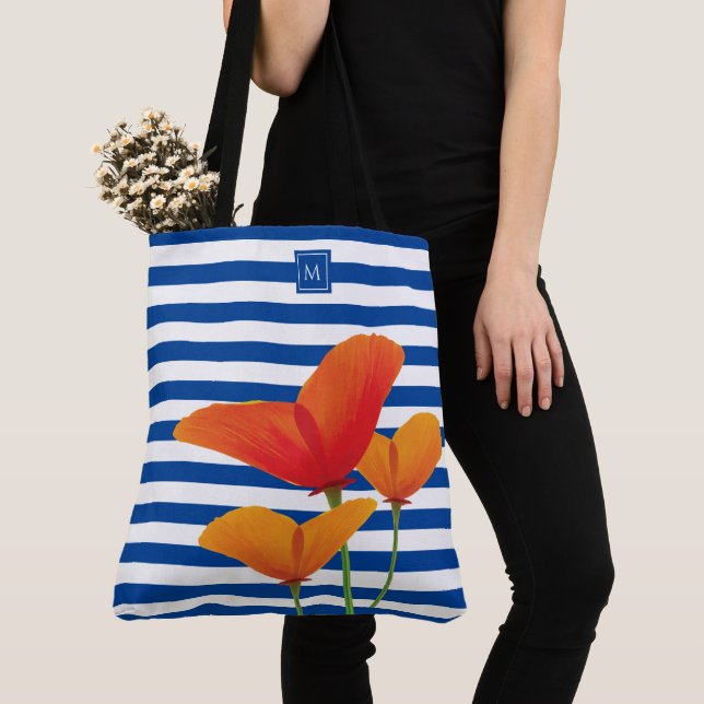 Poppy Chic Blue Rand Monogram Tygkasse (Närbild)