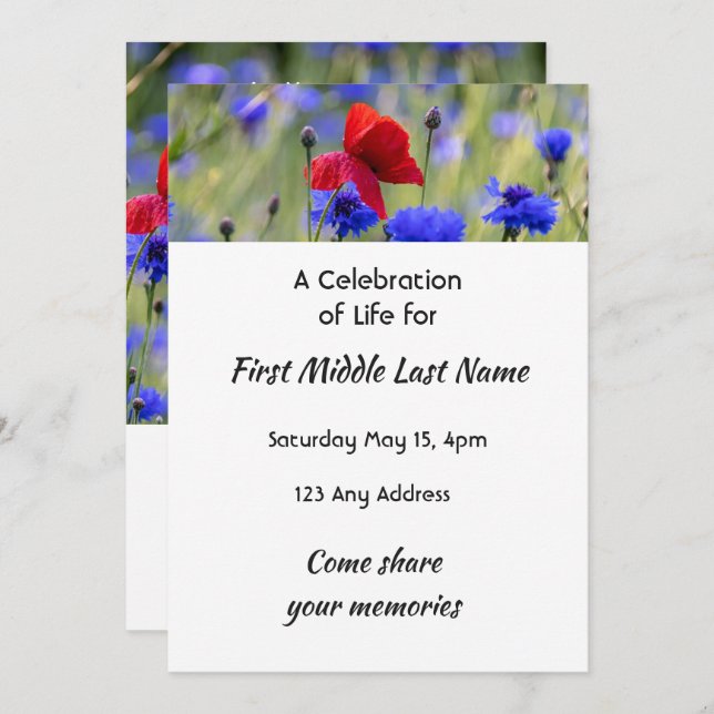 Poppy Cornflower Meadow  Memorial Pocket Keepsake Inbjudningar (Fram/baksida)
