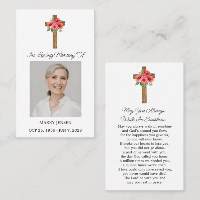 Poppy Cross Memorial Photo Funeral Prayer Card Visitkort (Fram/baksida)