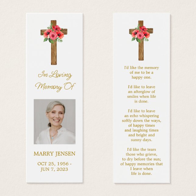Poppy Cross Photo Funeral Bookmark Litet Visitkort (Framsida & baksida)