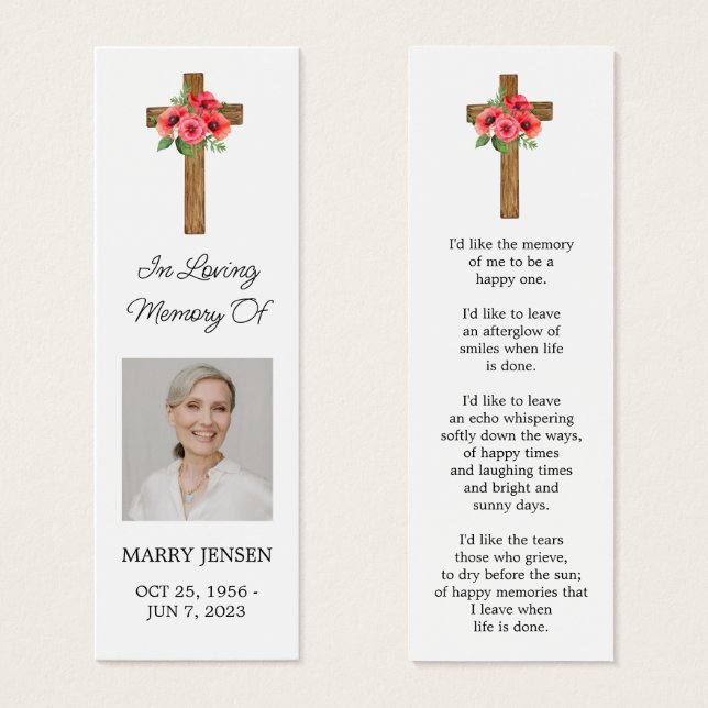 Poppy Cross Photo Funeral Bookmark Litet Visitkort (Framsida & baksida)