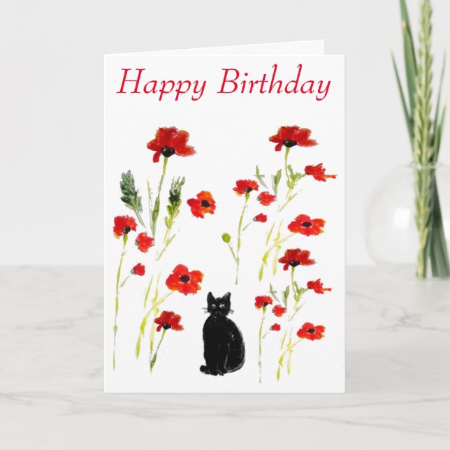 Poppy Cute Black Cat Blommigt Kort (Framsida)