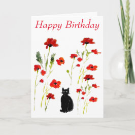 Poppy Cute Black Cat Blommigt Kort