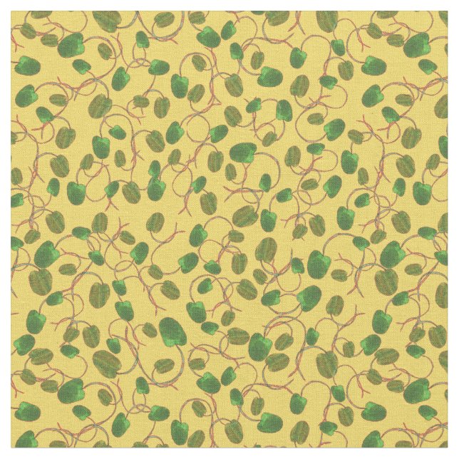 Poppy Fält Grönt-vallmobuds på Gult Fabric Tyg (Närbild)