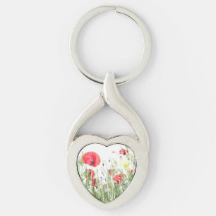 Poppy fält Nature blommar blommor Twisted Heart Silverfärgad Nyckelring