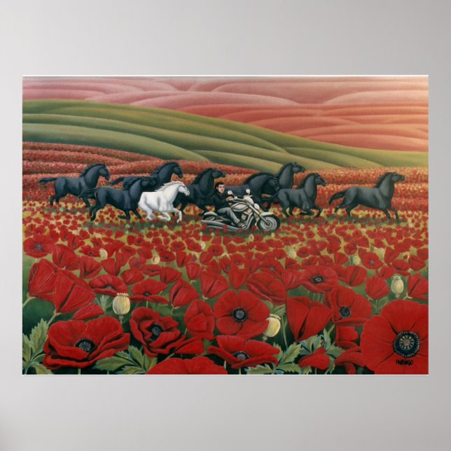 Poppy Fält Painting Vild Horses w. Biker Skriver u Poster (Framsidan)