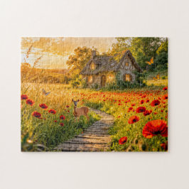 Poppy Field Cottage with Wooden Path Pussel