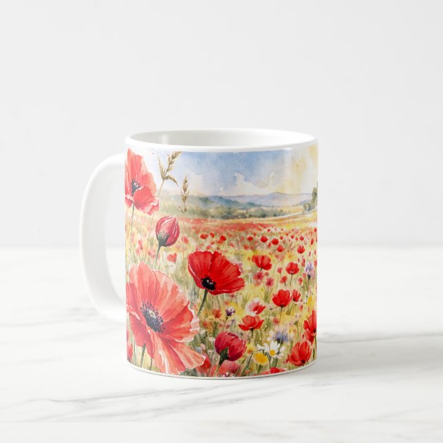 Poppy Field - Watercolour Poppy Kaffemugg (Framsida vänster)
