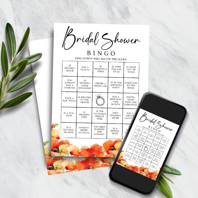 Poppy Find the Guest Möhippa Bingo Game Inbjudningar (Poppy Find the Guest Bridal Shower Bingo Game)